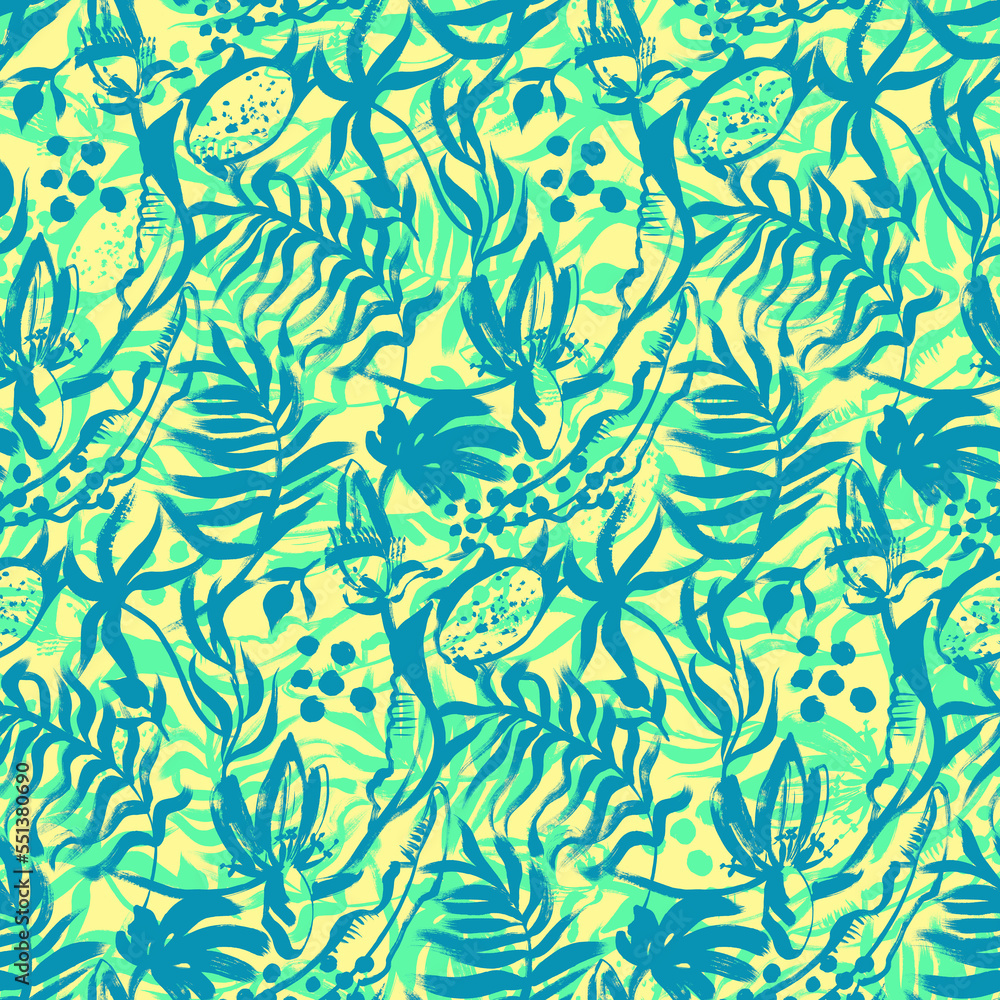 Seamless pattern with a mix of silhouettes of leaves of tropical fruits and palms painted with gouache in the drybrush technique Seamless pattern with a mix of silhouettes of leaves of tropical fruits and palms painted with gouache in the drybrush technique