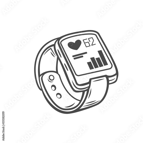 Smart watch line icon vector illustration. Hand drawn outline wearable wrist watch bracelet with wristband and tracker monitoring quality of sleep and relax, heartbeats during sports training