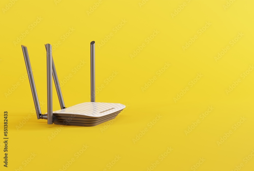 Internet router on a light background. The concept of using the internet, data transfer. Internet speedup, internet provider. 3D render, 3D illustration. Internet router on a light background. The concept of using the internet, data transfer. Internet speedup, internet provider. 3D render, 3D illustration.