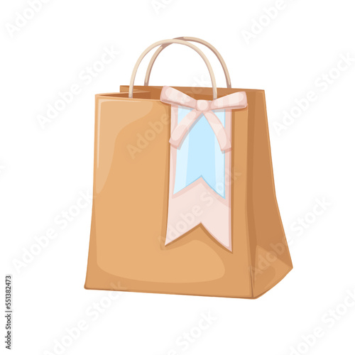 Bag with flag and ribbon bow vector illustration. Cartoon isolated brown craft paper gift package with handles and pink tape decor, vintage ecobag for buying presents in boutique, retail shop
