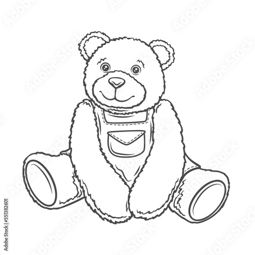 Cute teddy bear line icon vector illustration. Hand drawn outline soft baby toy, fluffy stuffed animal character sitting with happy face, fur and paws, funny bear doll for kids sweet dreams at night
