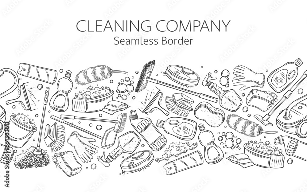 Cleaning company seamless border pattern vector illustration. Hand drawn texture of housekeeping service, domestic supplies and equipment to clean floor of house and office, cleaning detergent