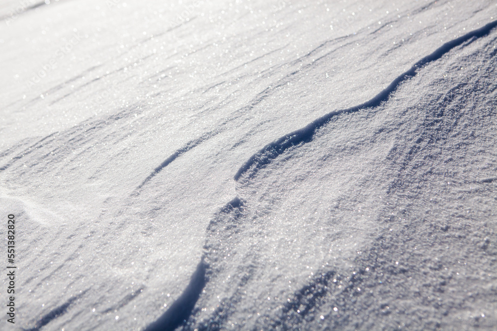 Natural snow texture background, closeup top view