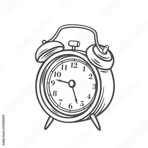 Alarm clock line icon vector illustration. Hand drawn outline old clock with bell, retro minute and hour hands on circle dial to wake up in morning to work or school, vintage reminder with sound