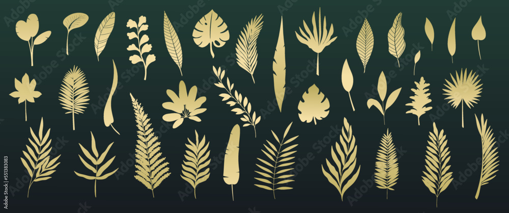 Gold tropical leaf, cutout glyph icons set vector illustration. Golden silhouettes of palm tree, exotic leaves on branches, plants and frond with gold glitter, abstract decoration of jungle paradise - obrazy, fototapety, plakaty 