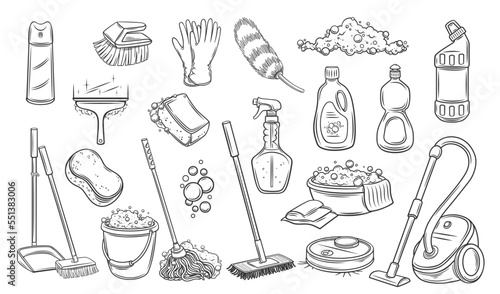 Cleaning kit outline icons set vector illustration. Line hand drawn equipment, cleaning inventory and tools to clean wash and disinfect house, bucket and mop, spray bottle with detergent cleaner photo