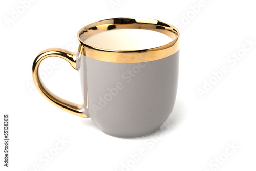 empty grey cup, bowl, teacup, mug, isolated on white background, grey cup with gold rim and handle