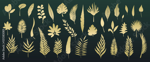 Gold tropical leaf, cutout glyph icons set vector illustration. Golden silhouettes of palm tree, exotic leaves on branches, plants and frond with gold glitter, abstract decoration of jungle paradise