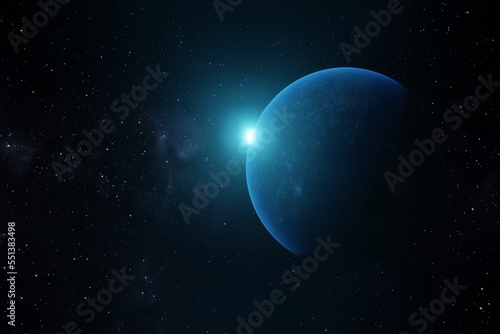 Outer space, planet view and star after planet. Science fiction concept. 3d render.