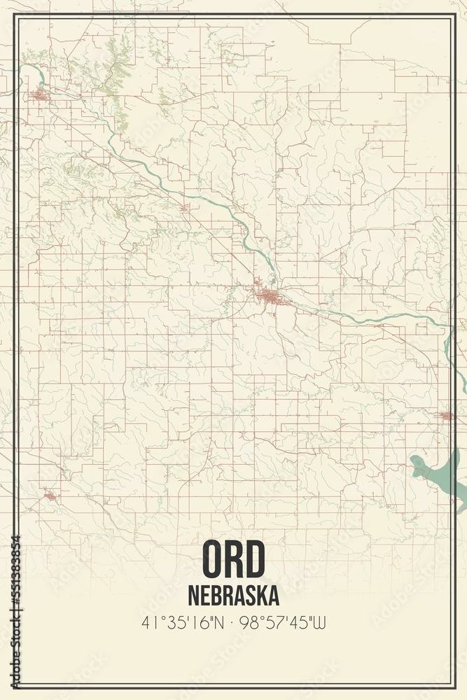 Retro US city map of Ord, Nebraska. Vintage street map.