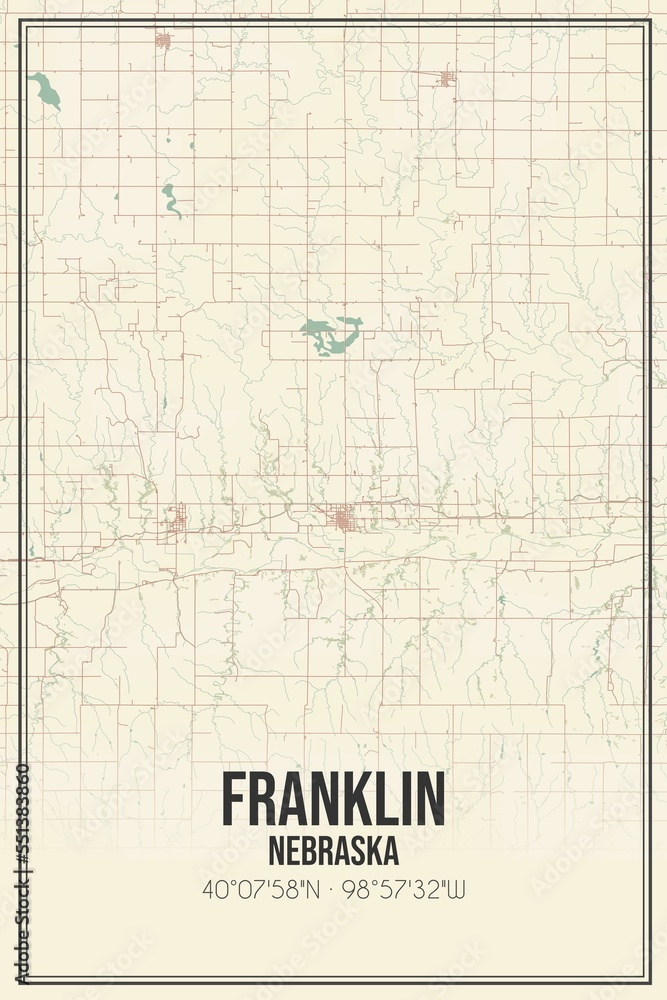 Retro US city map of Franklin, Nebraska. Vintage street map.