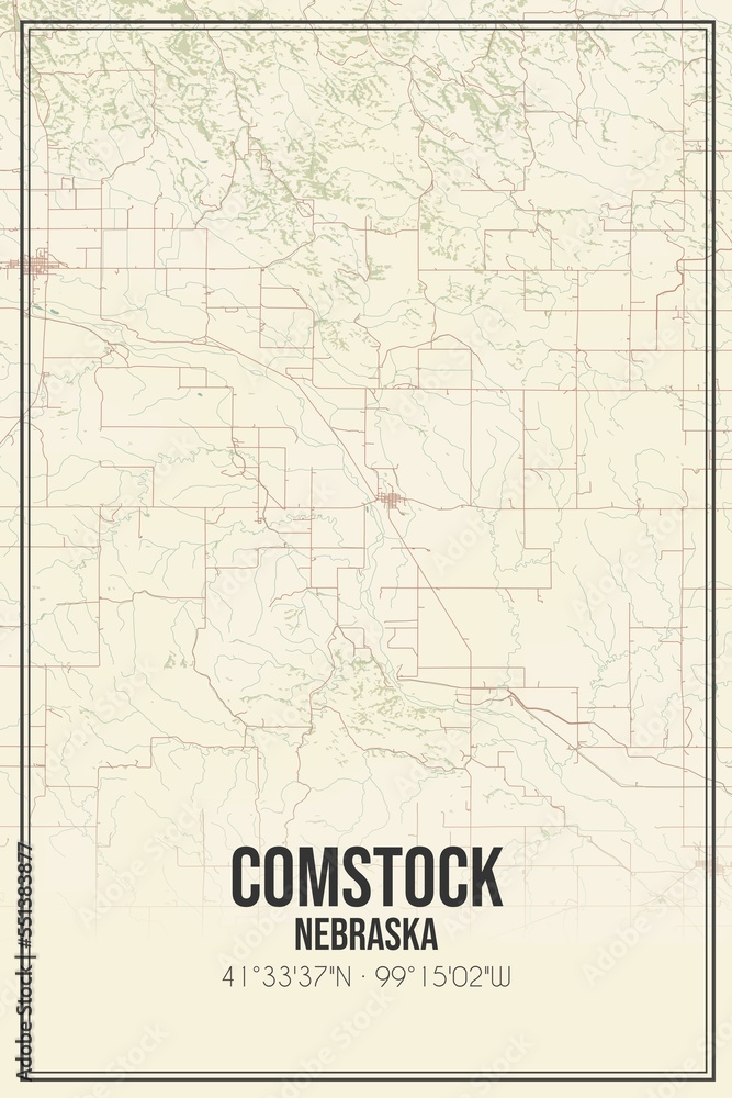 Retro US city map of Comstock, Nebraska. Vintage street map.