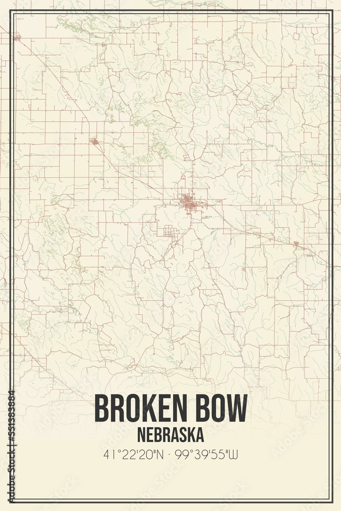 Retro US city map of Broken Bow, Nebraska. Vintage street map.