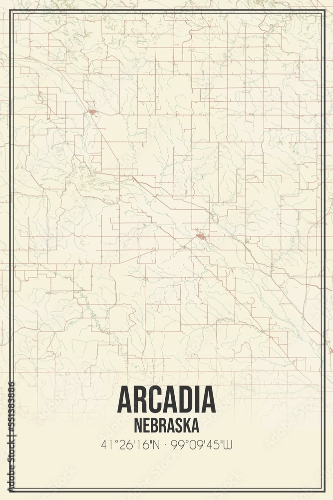 Retro US city map of Arcadia, Nebraska. Vintage street map.