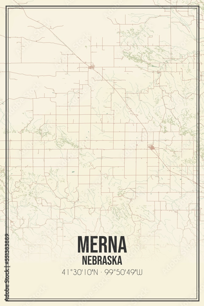 Fototapeta premium Retro US city map of Merna, Nebraska. Vintage street map.