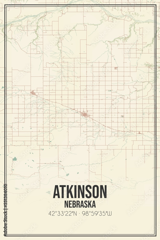 Retro US city map of Atkinson, Nebraska. Vintage street map.
