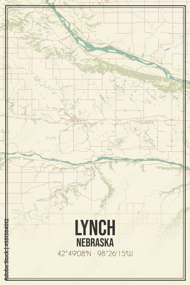 Retro US city map of Lynch, Nebraska. Vintage street map.
