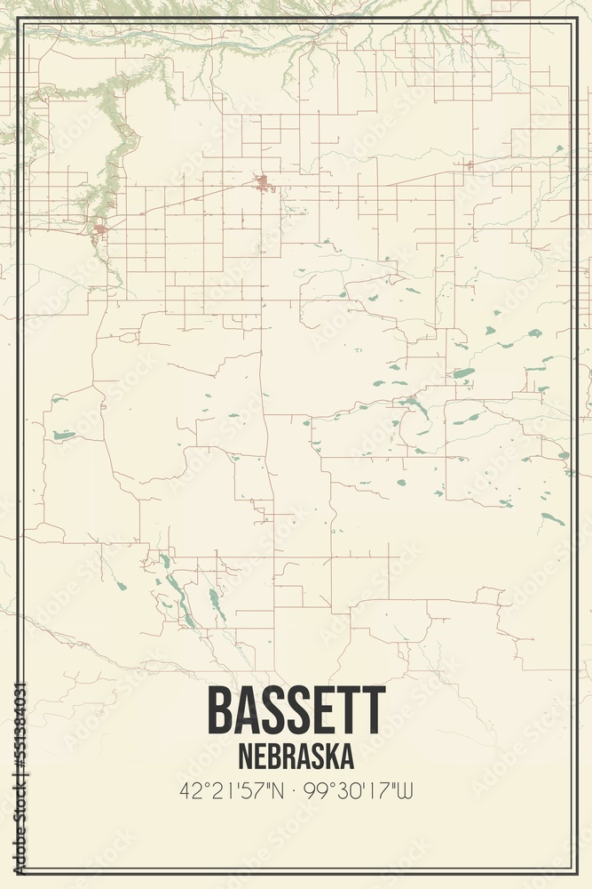 Retro US city map of Bassett, Nebraska. Vintage street map.