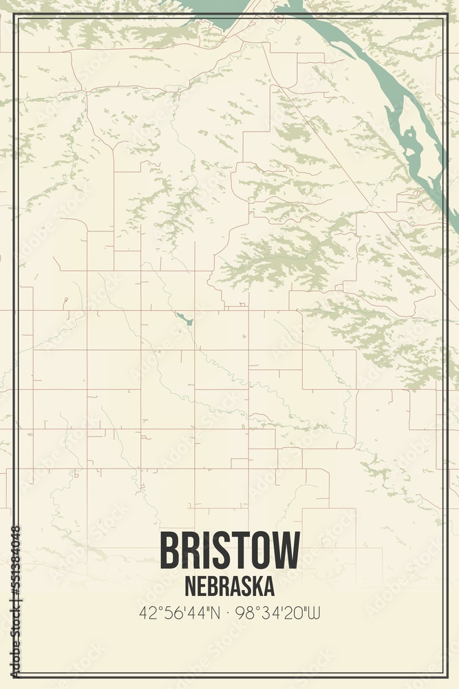 Retro US city map of Bristow, Nebraska. Vintage street map.