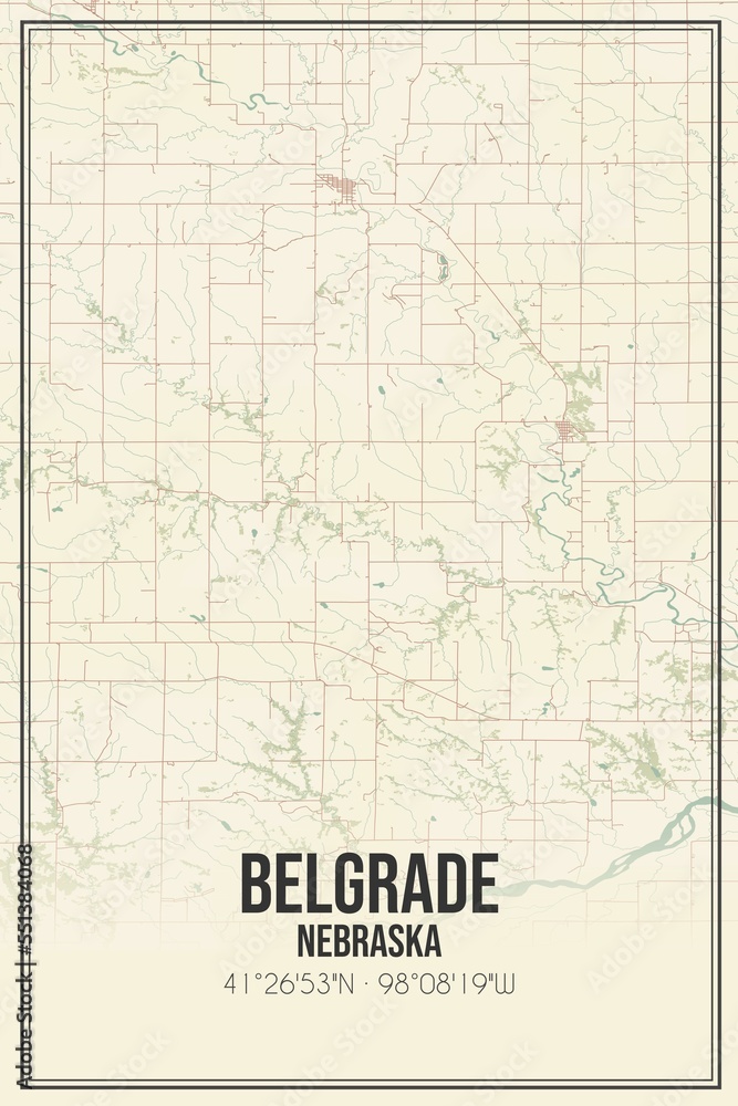 Retro US city map of Belgrade, Nebraska. Vintage street map.