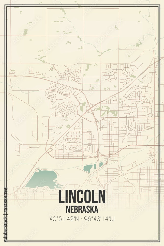 Retro US city map of Lincoln, Nebraska. Vintage street map.