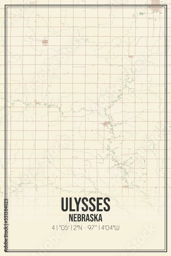 Retro US city map of Ulysses, Nebraska. Vintage street map.