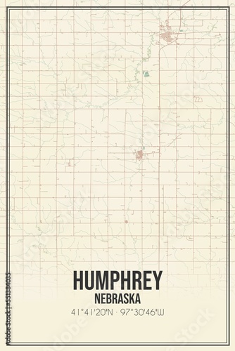 Retro US city map of Humphrey, Nebraska. Vintage street map.