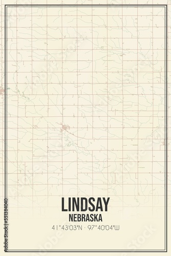 Retro US city map of Lindsay, Nebraska. Vintage street map.