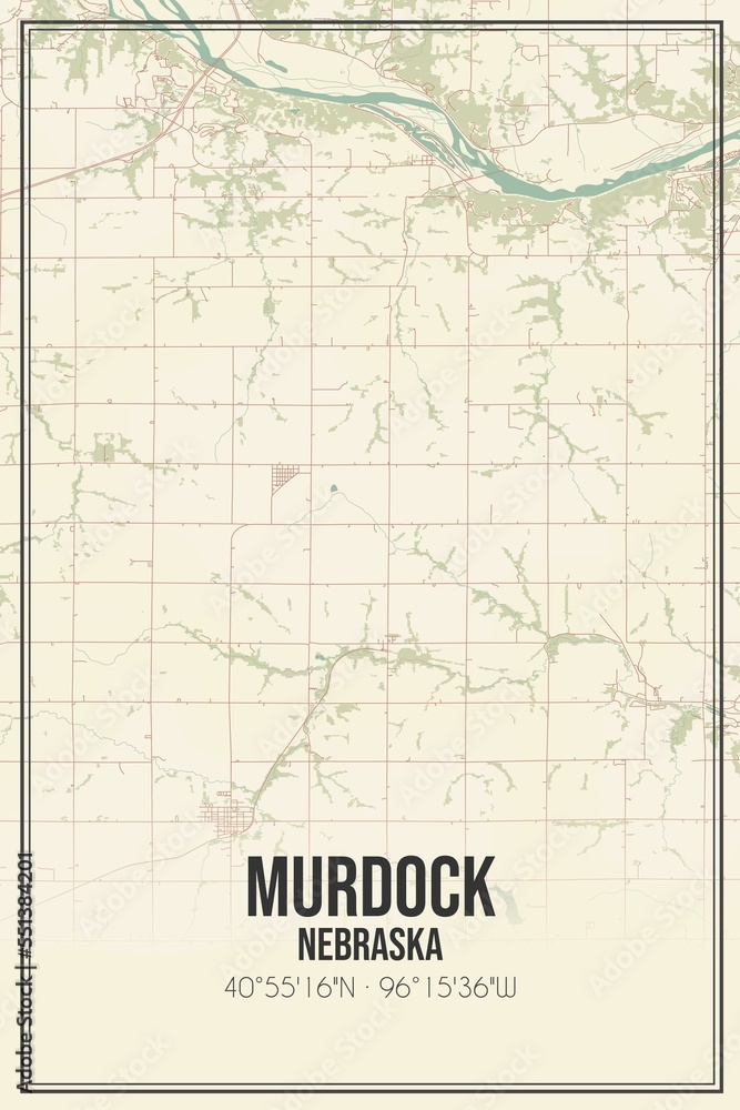 Retro US city map of Murdock, Nebraska. Vintage street map.