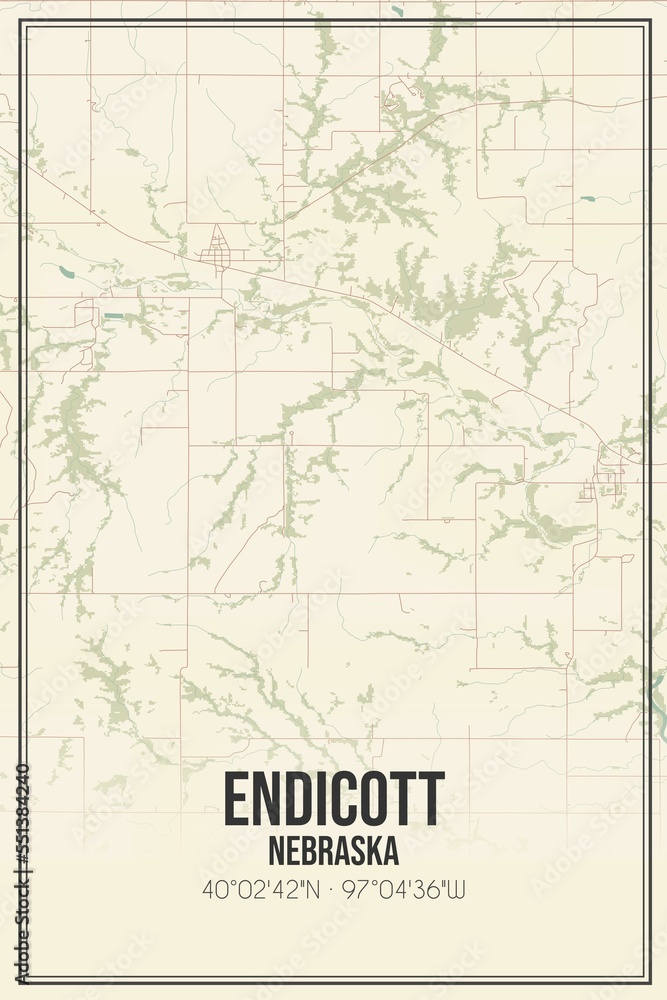 Retro US city map of Endicott, Nebraska. Vintage street map.