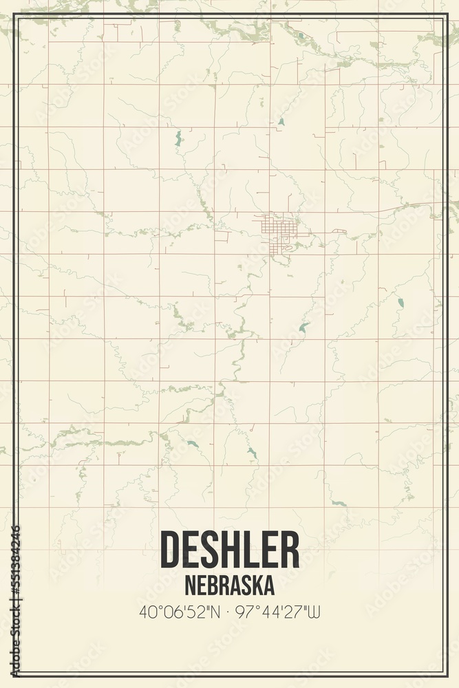Retro US city map of Deshler, Nebraska. Vintage street map. Stock Illustration Adobe Stock