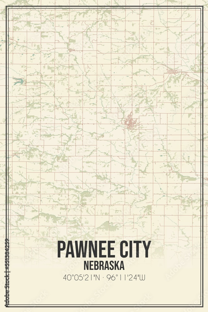 Retro US city map of Pawnee City, Nebraska. Vintage street map.
