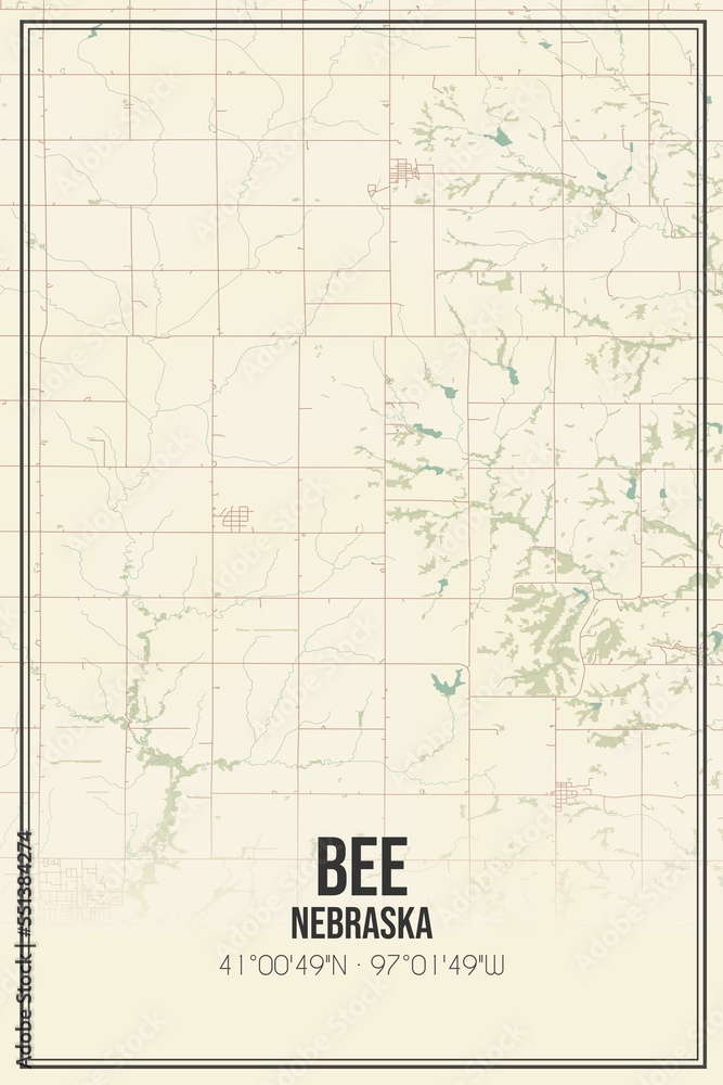 Retro US city map of Bee, Nebraska. Vintage street map.