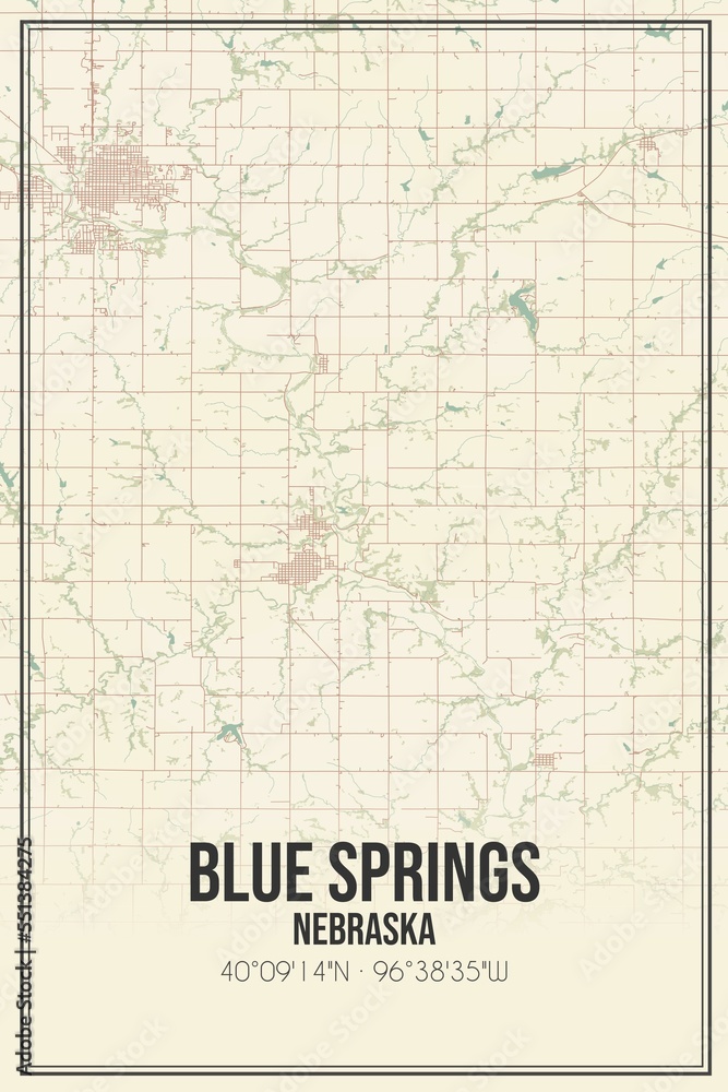 Retro US city map of Blue Springs, Nebraska. Vintage street map.
