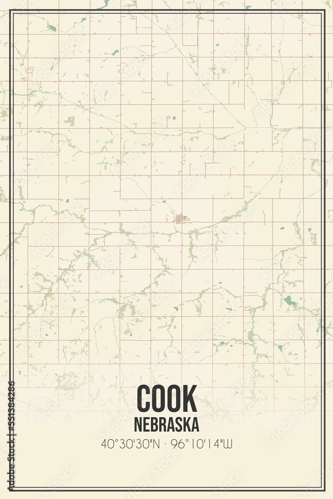 Retro US city map of Cook, Nebraska. Vintage street map.