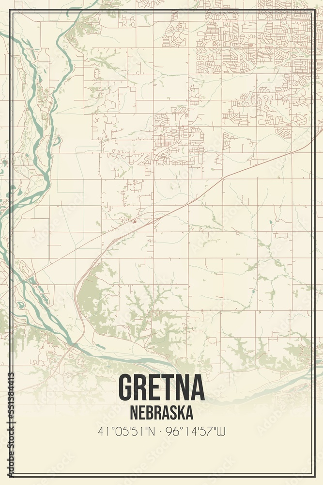 Retro US city map of Gretna, Nebraska. Vintage street map.