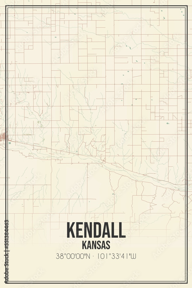Retro US city map of Kendall, Kansas. Vintage street map.