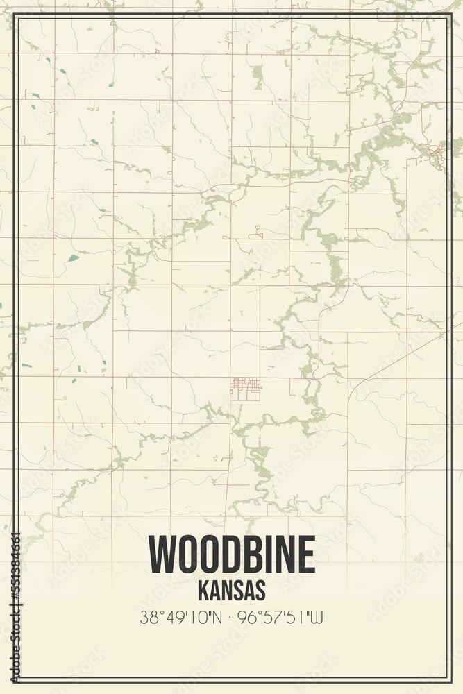 Retro US city map of Woodbine, Kansas. Vintage street map.