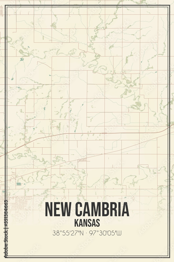 Retro US city map of New Cambria, Kansas. Vintage street map.