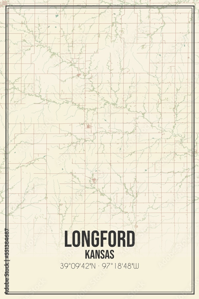 Retro US city map of Longford, Kansas. Vintage street map.