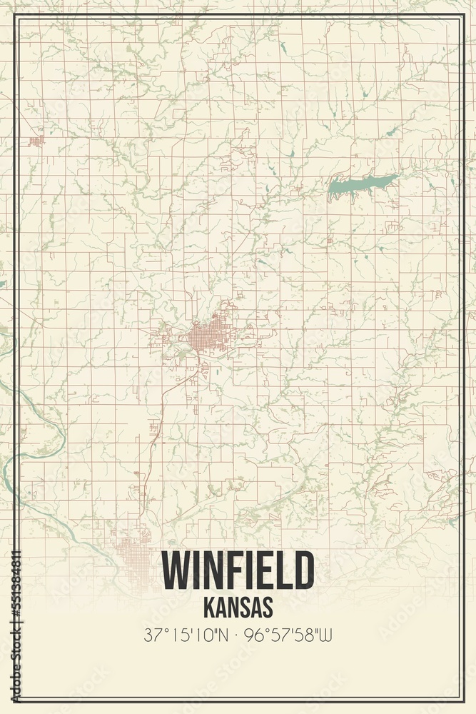 Retro US city map of Winfield, Kansas. Vintage street map.