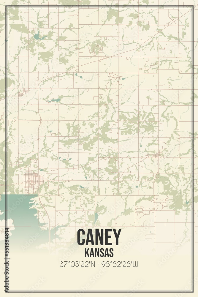 Fototapeta premium Retro US city map of Caney, Kansas. Vintage street map.