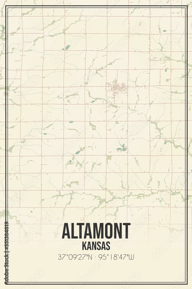 Retro US city map of Altamont, Kansas. Vintage street map.