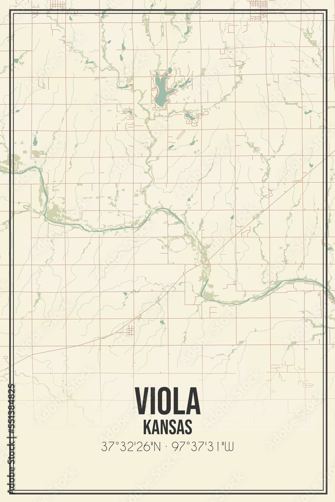 Retro US city map of Viola, Kansas. Vintage street map.