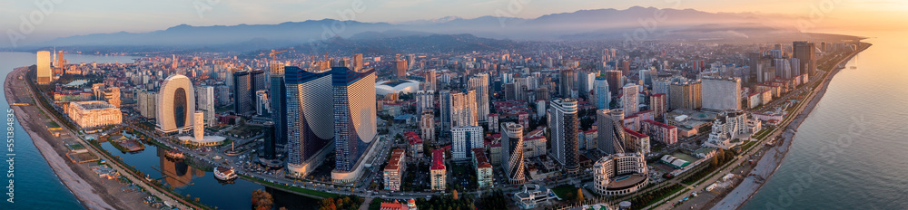 Batumi, Georgia aerial panorama of resort city on Black Sea coast with towers of hotels and seaside.