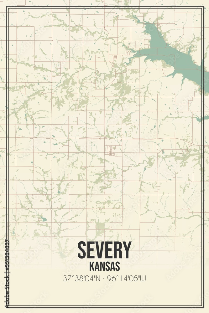 Retro US city map of Severy, Kansas. Vintage street map.