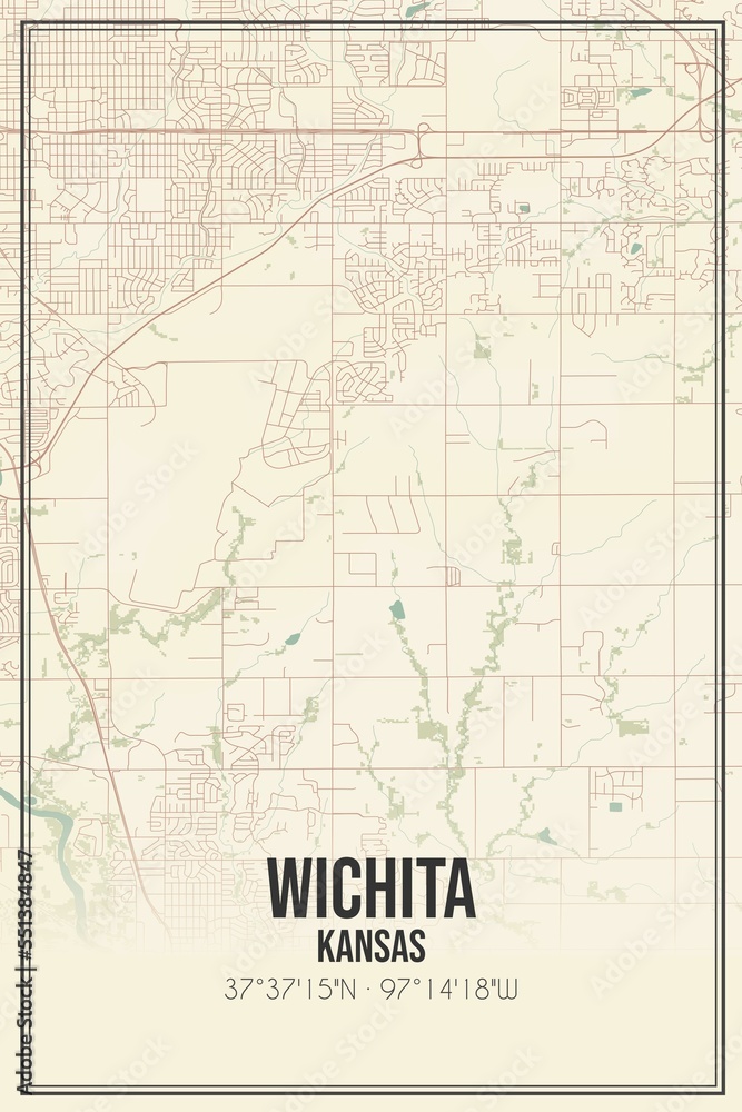 Fototapeta premium Retro US city map of Wichita, Kansas. Vintage street map.