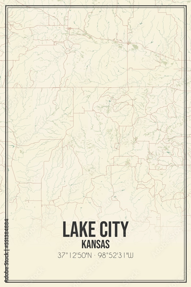 Retro US city map of Lake City, Kansas. Vintage street map.