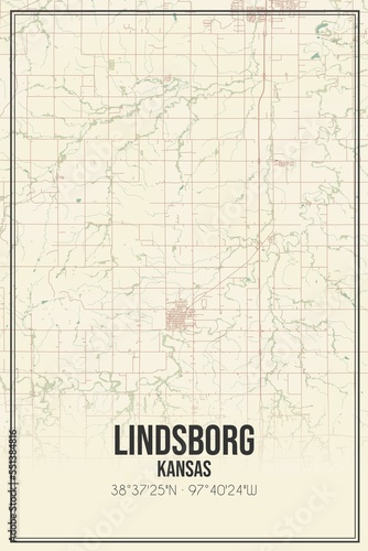Retro US city map of Lindsborg  Kansas. Vintage street map.