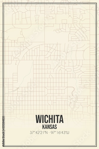 Retro US city map of Wichita, Kansas. Vintage street map.